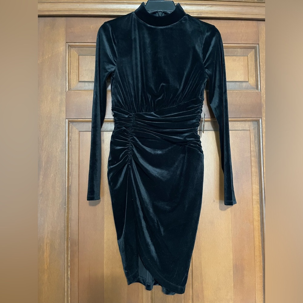 Express long sleeved velvet body contour mock neck mini dress